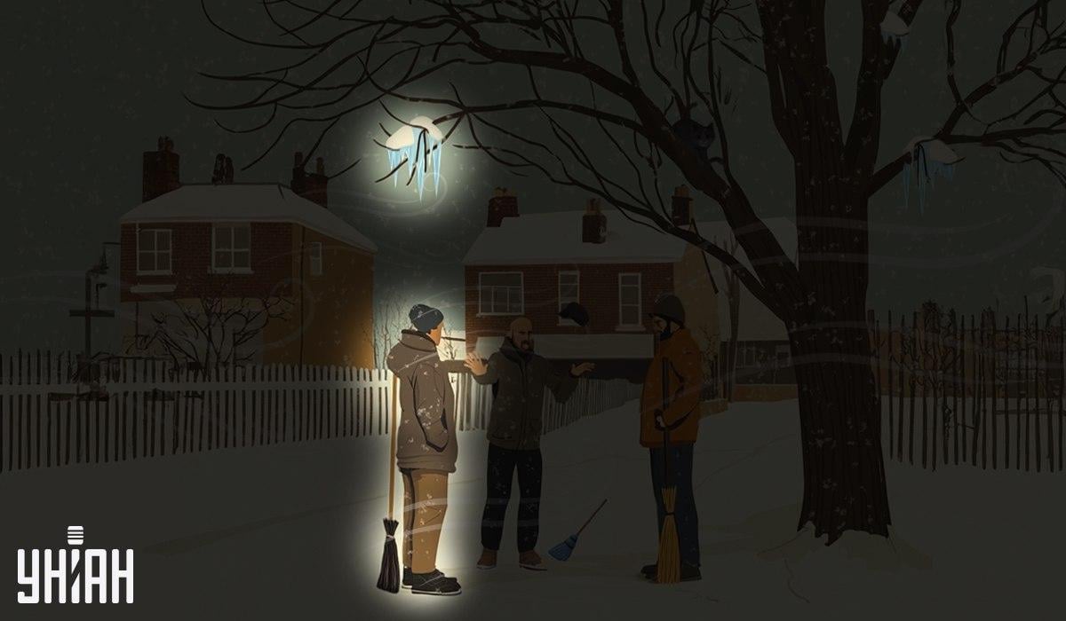 Einer der Hausmeister stand unter den Eiszapfen, die an dem Baum hingen / Moje collage