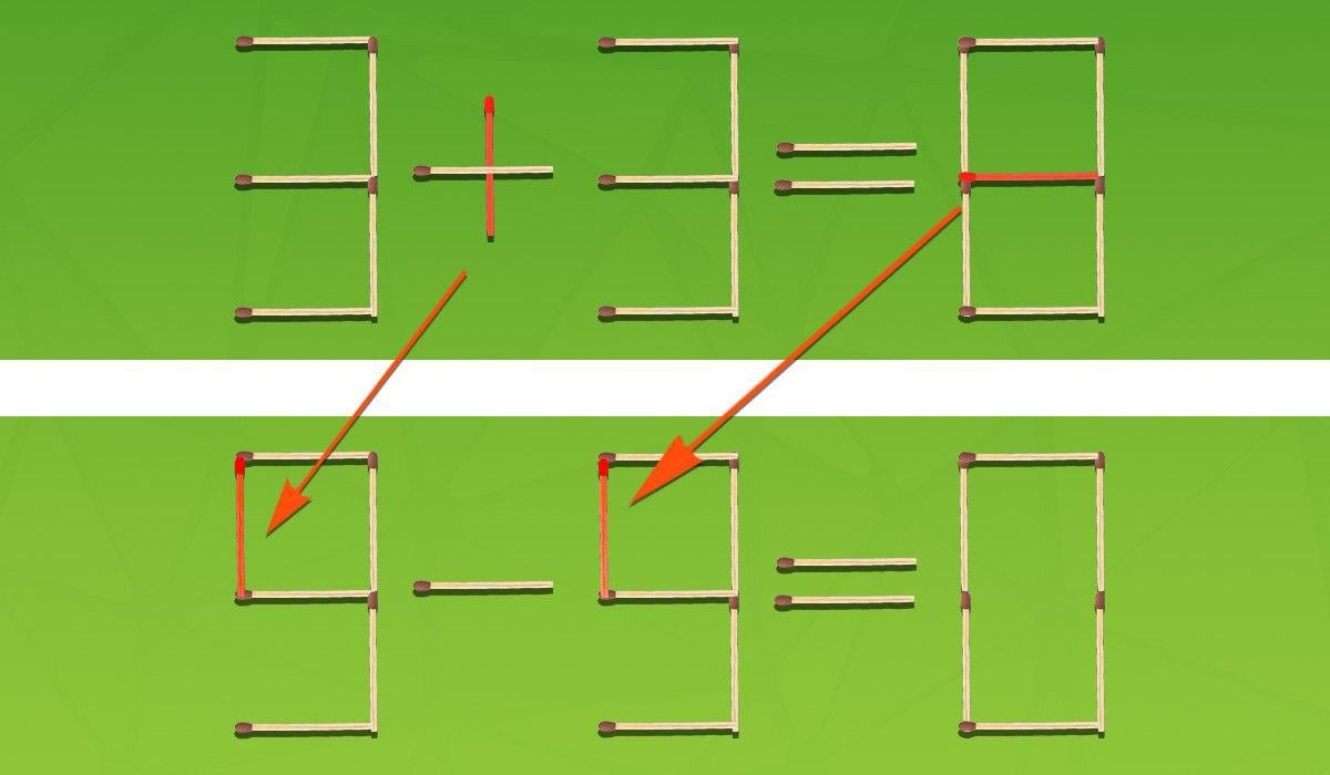 Hier sehen Sie, welches Streichholz und wohin Sie es verschieben müssen, um die Gleichheit zu korrigieren